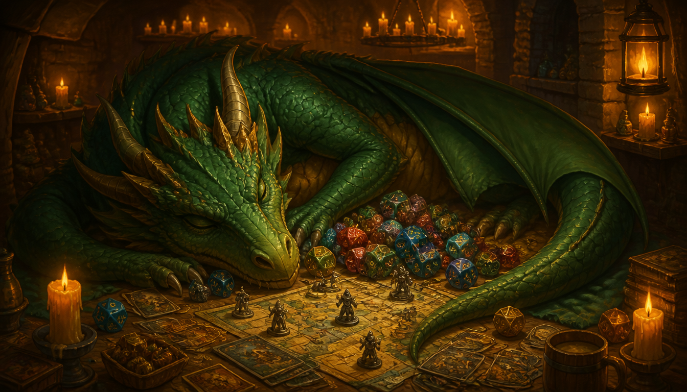 A sleeping emerald dragon curled around dice and miniatures in a candlelit dungeon